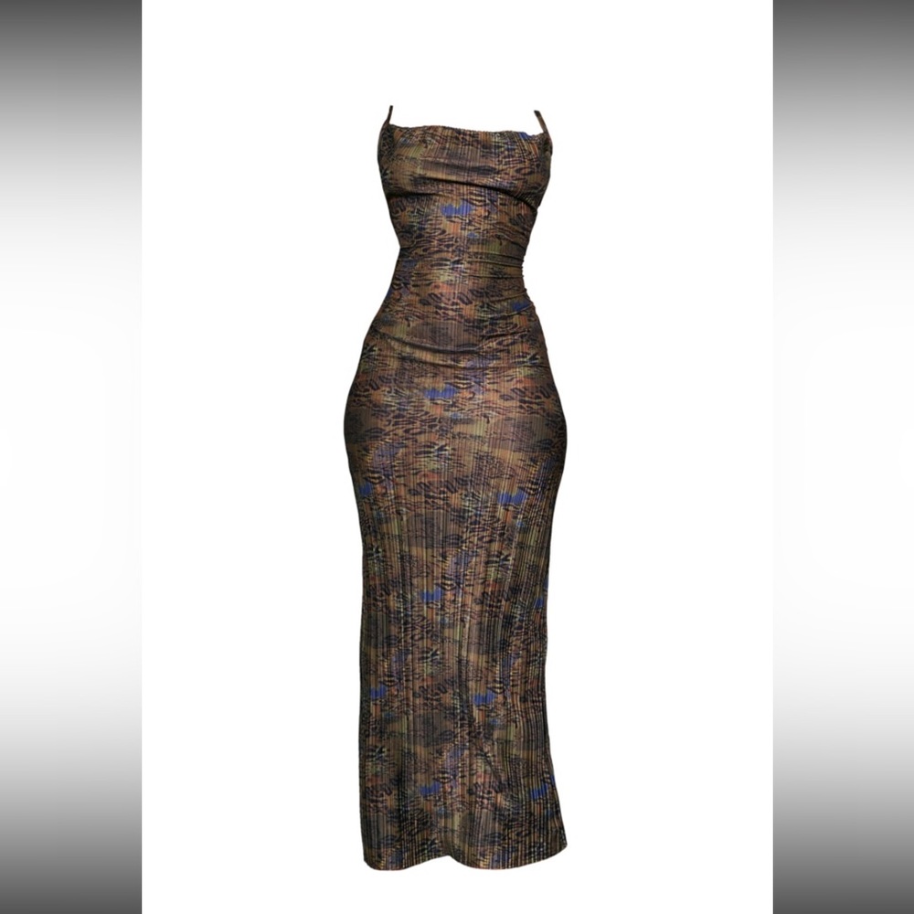 Multi Leopard Plisse Strappy Maxi Dress